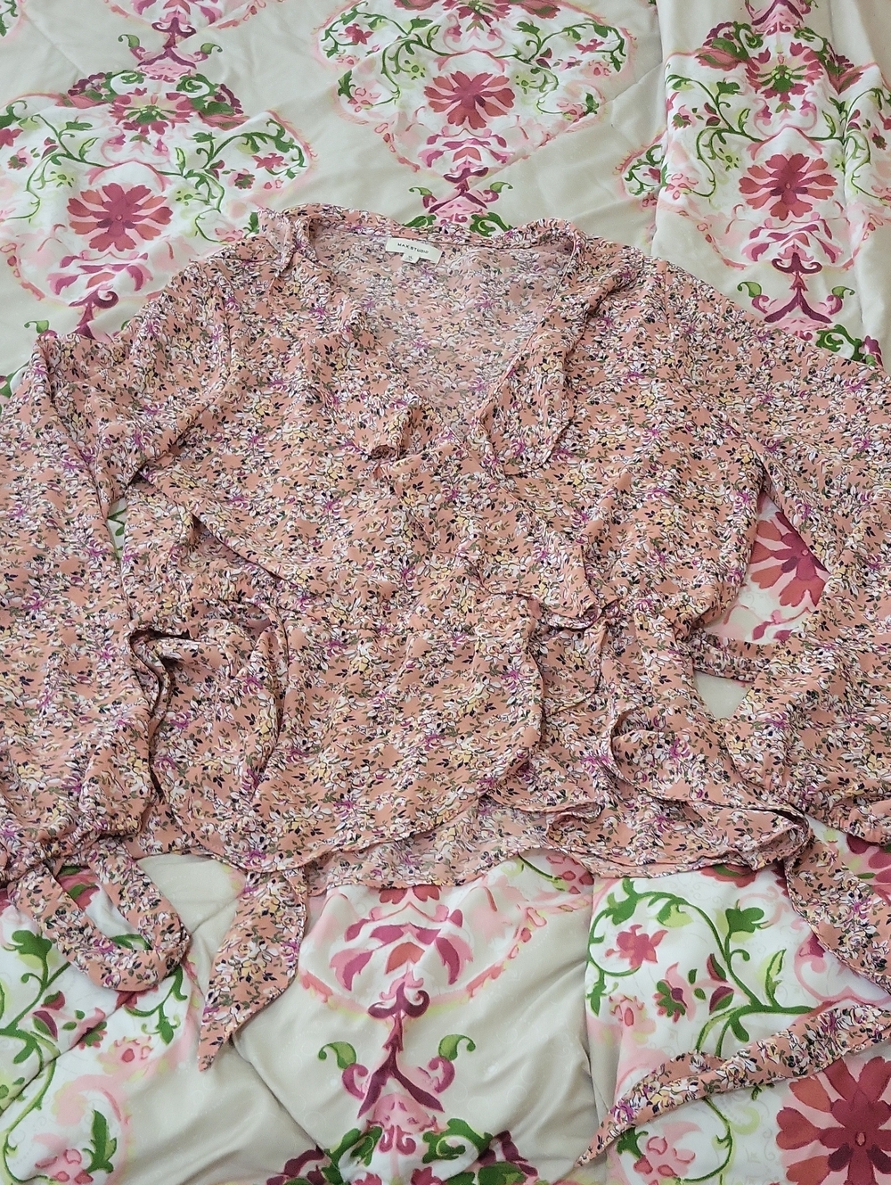 Max Studio Dusty Pink Floral Ruffle Wrap Blouse